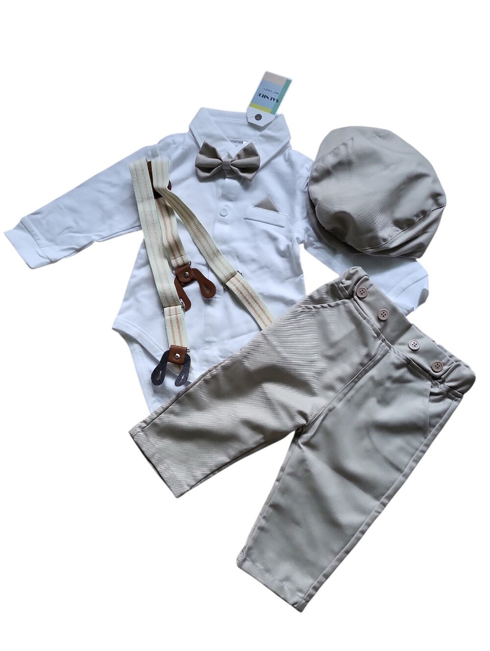Classic Beige & White Baby Boy Formal Set with Bow Tie and Suspenders